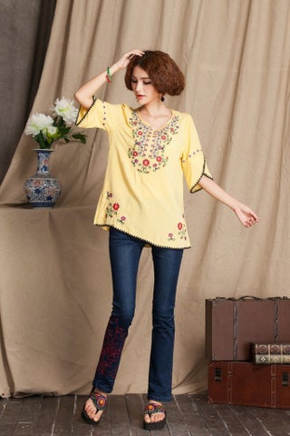 Ashir Aley Girls Embroidered Peasant Tops Mexican Bohemian Blouses , Medium, Yellow - view 4